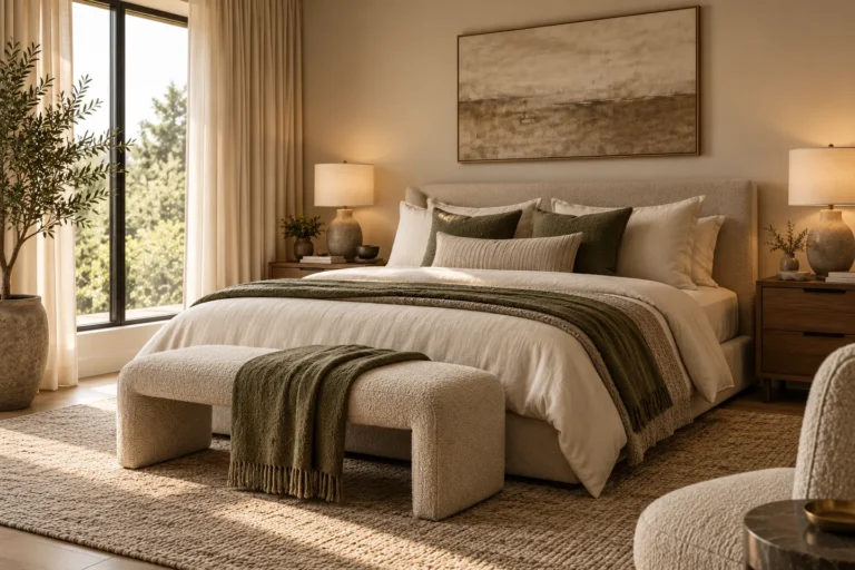 Warm neutral bedroom with layered bedding, soft lighting and renter-friendly luxury details