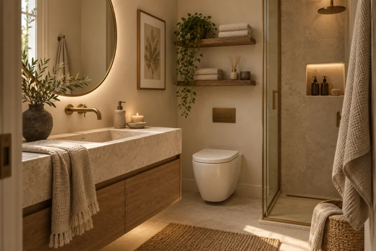 Small warm spa bathroom with natural stone tones, wood shelving and restrained greenery