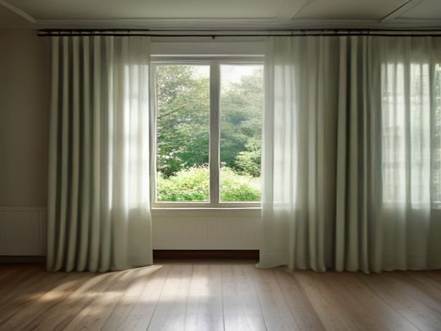Wide living room window with full curtain panels forming generous folds