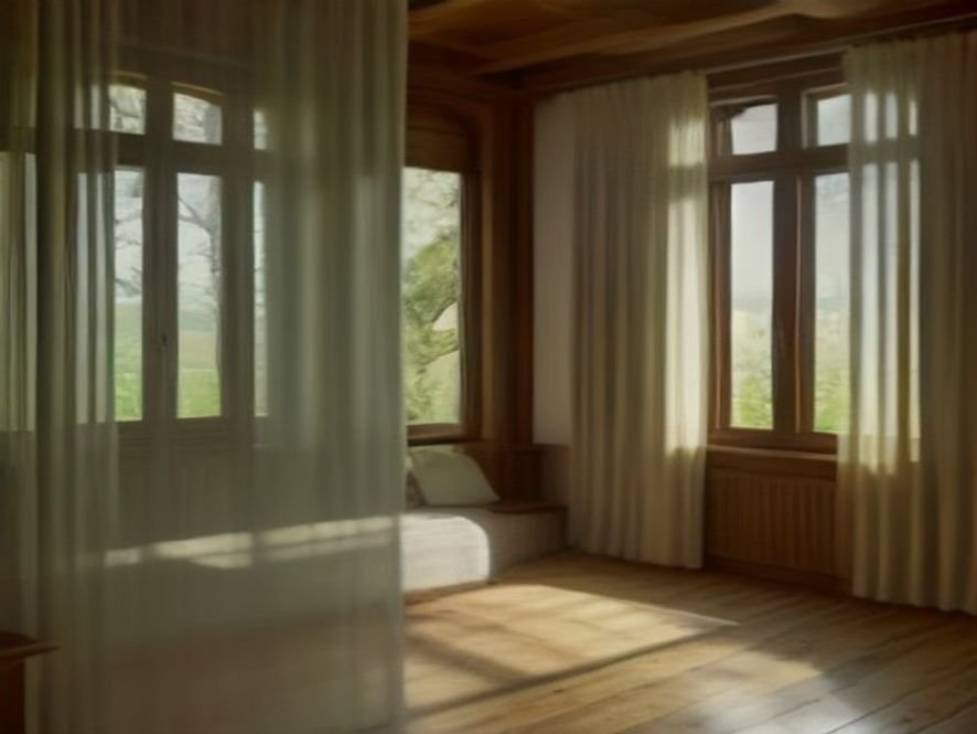 Wide window with full curtain panels stacked beyond the glass to preserve daylight
