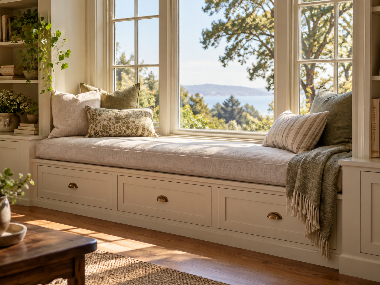 Window seat layered with square, lumbar and accent pillows showing varied pillow sizes